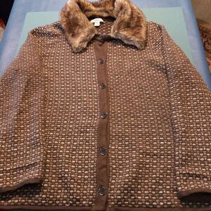 Coldwater Creek 1X(18) Faux Fur Collar Removable Button Down Long Sleeve Sweater
